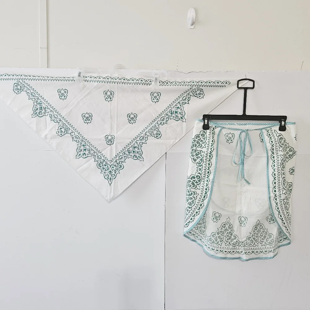 VTG Cotton Kitchen Apron & Bandana Set Blue Green Teal Swirled Design Pattern. - Picture 16 of 16
